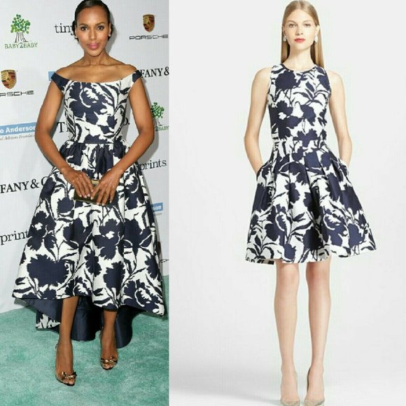 *$3,700 OSCAR DE LA RENTA IVORY BLUE FLORAL SILK  RUNWAY DRESS US 2 OR US 14 - Picture 1 of 5
